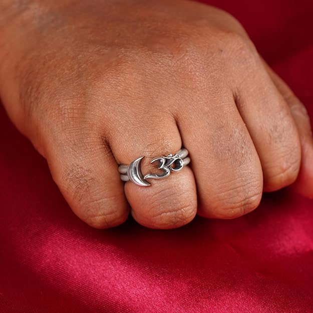 Mahadev Om with Moon Sterling Silver Wrap Ring for Men Women