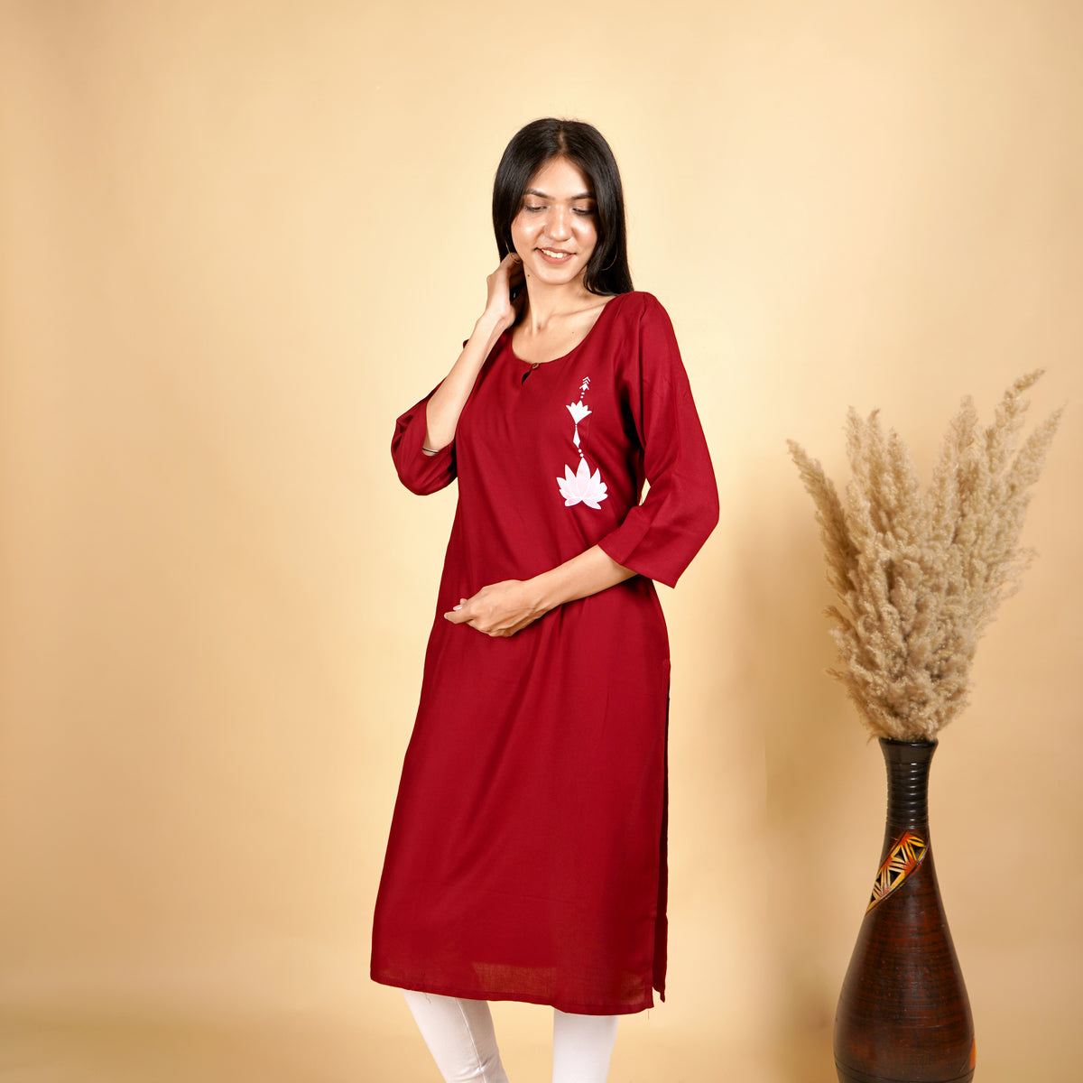 Floral Garnet Embroidered Kurti - Maroon