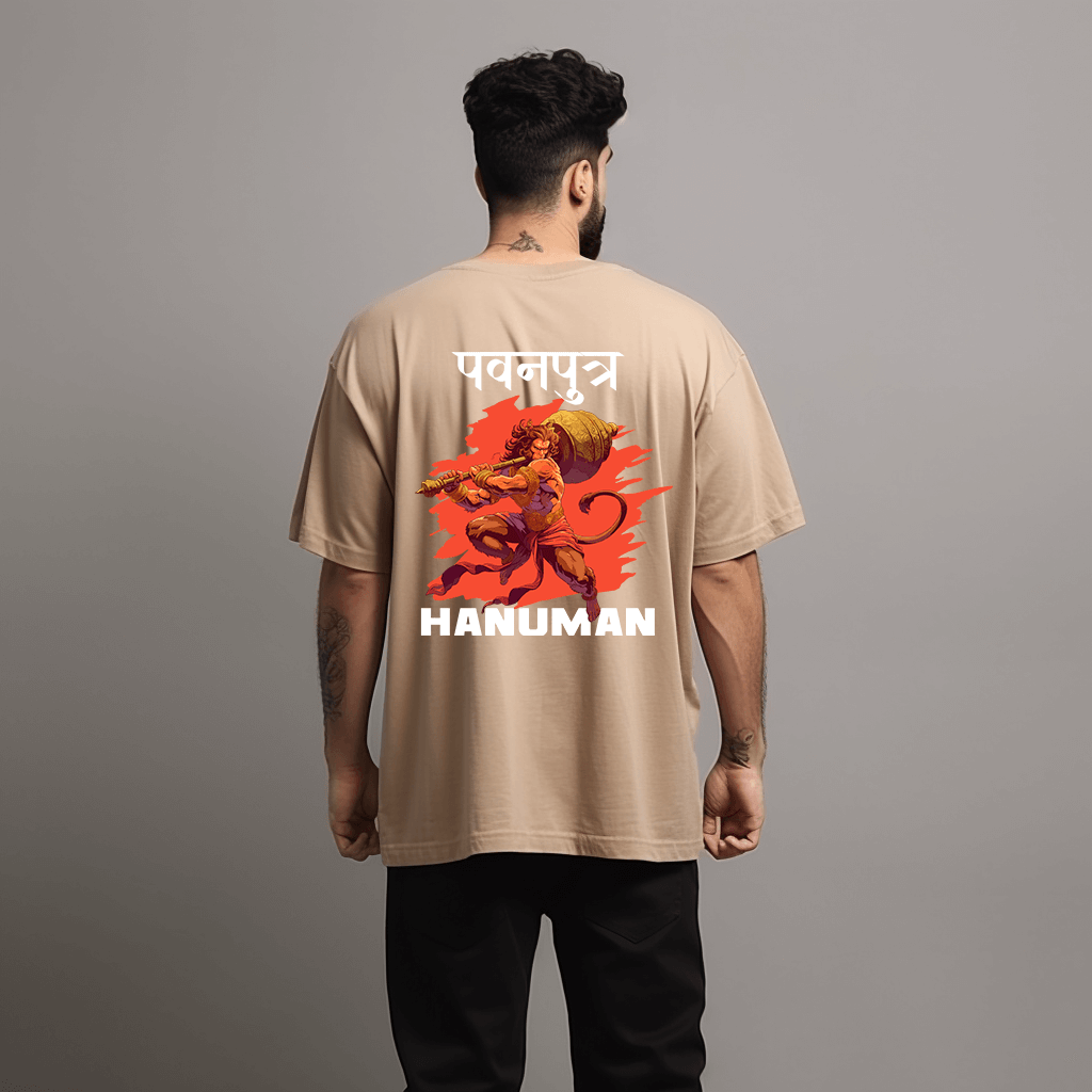 Pawanputra Hanuman Ji Beige Oversize Printed Tshirt for Men