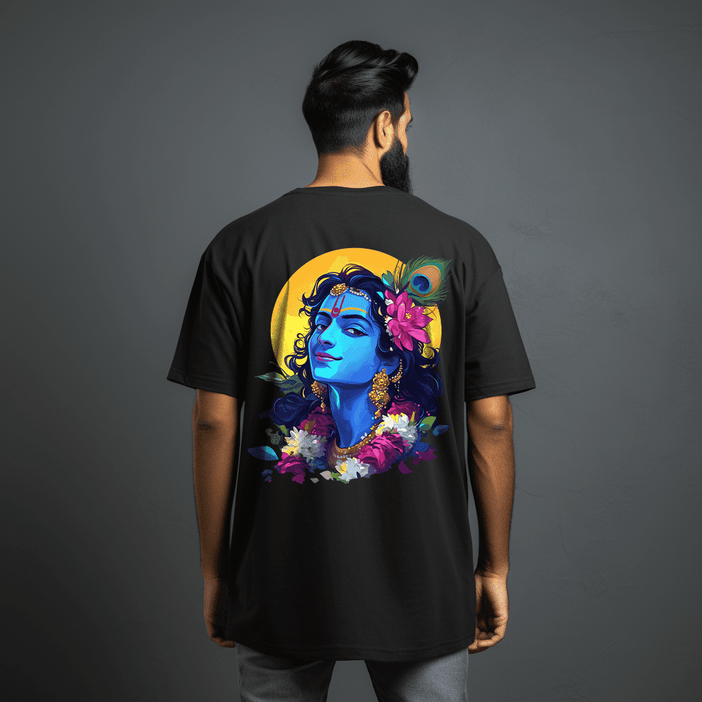 Lord Krishna Oversized Printed Black Tshirt