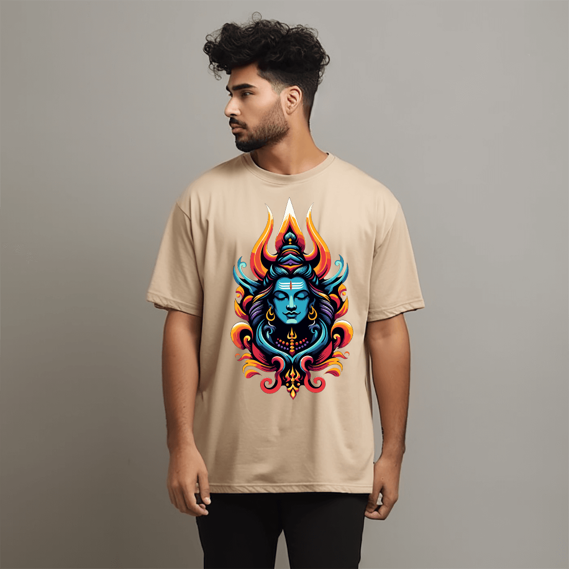 Shiva Om Oversize Printed Beige Tshirt