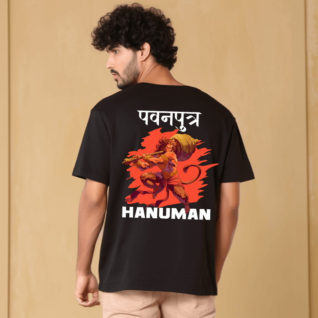 Pawanputra Hanuman Ji Black Oversize Printed Tshirt for Men