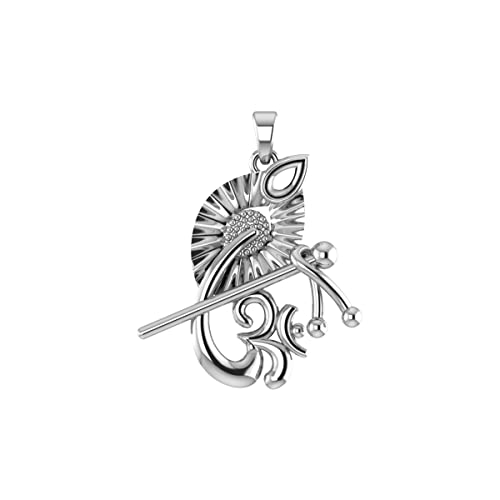 PrabhuBhakti 925 Sterling Silver Krishna Mor Pankh with Om Pendant for Women & Men Without Chain | Necklace to Gift Women & Men with 925 stamp | Silver Shree Krishna Locket