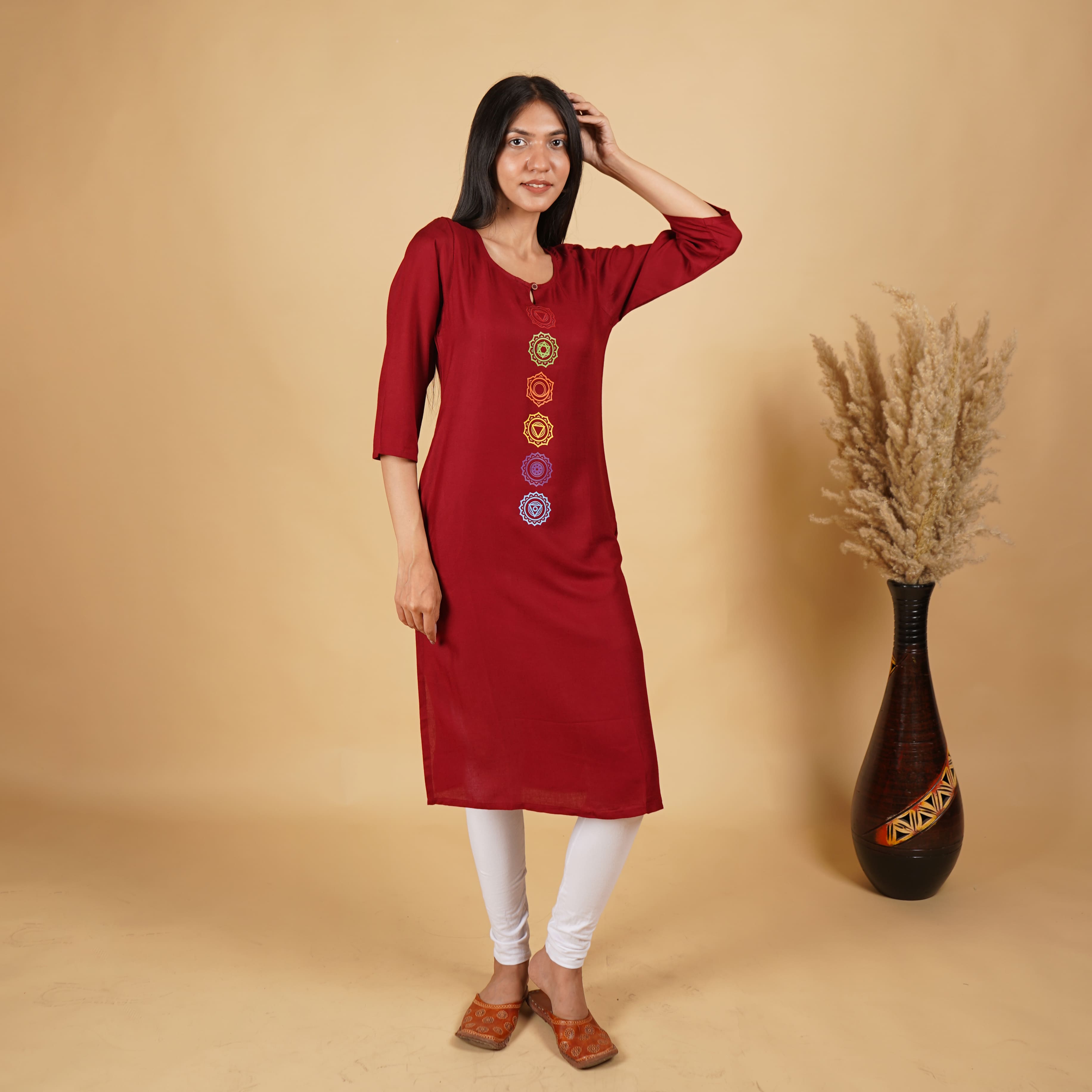 Chakra Pattern Long Kurti for Womens (Maroon)