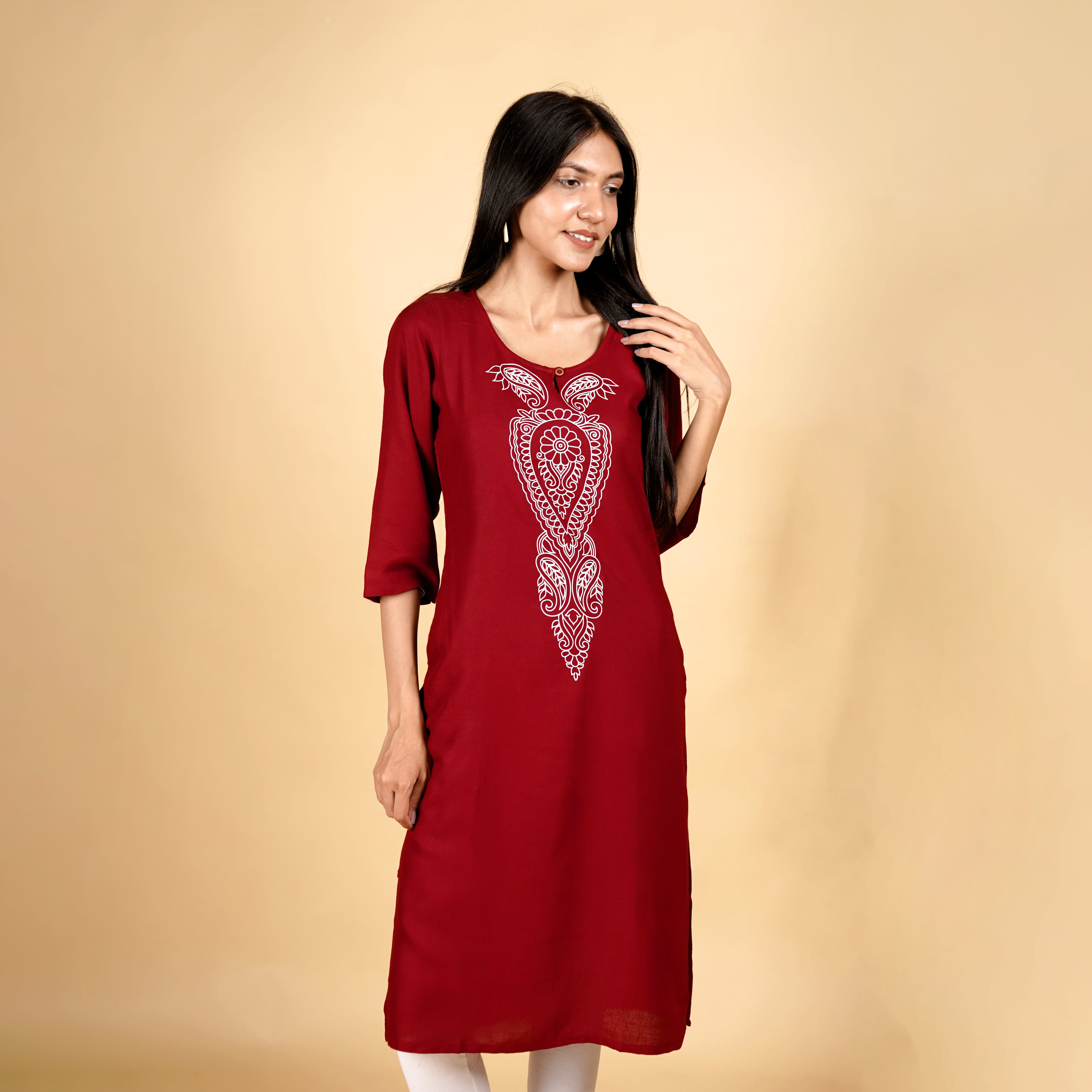 Floral Pattern Maroon Long Kurti for Womens