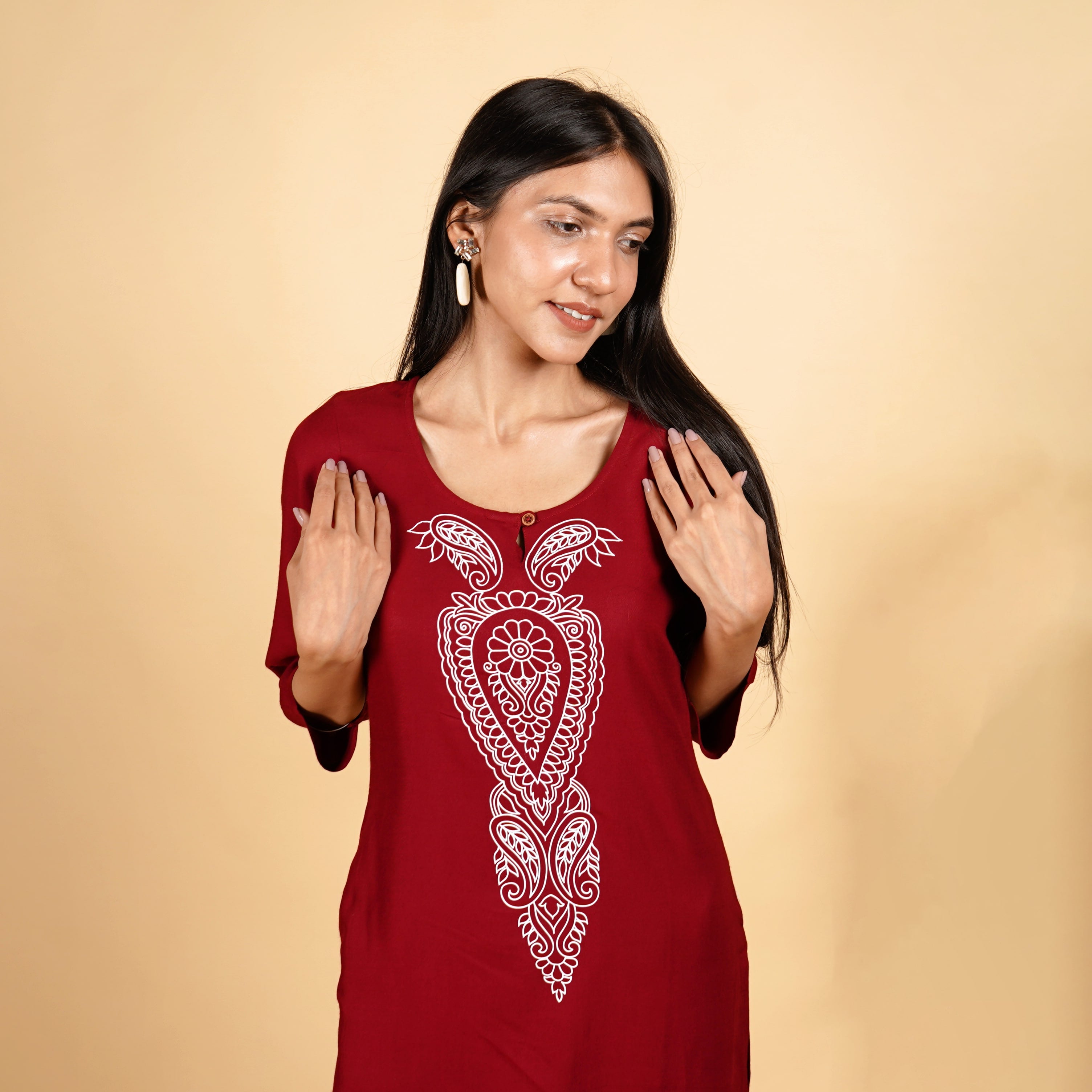 Floral Pattern Maroon Long Kurti for Womens