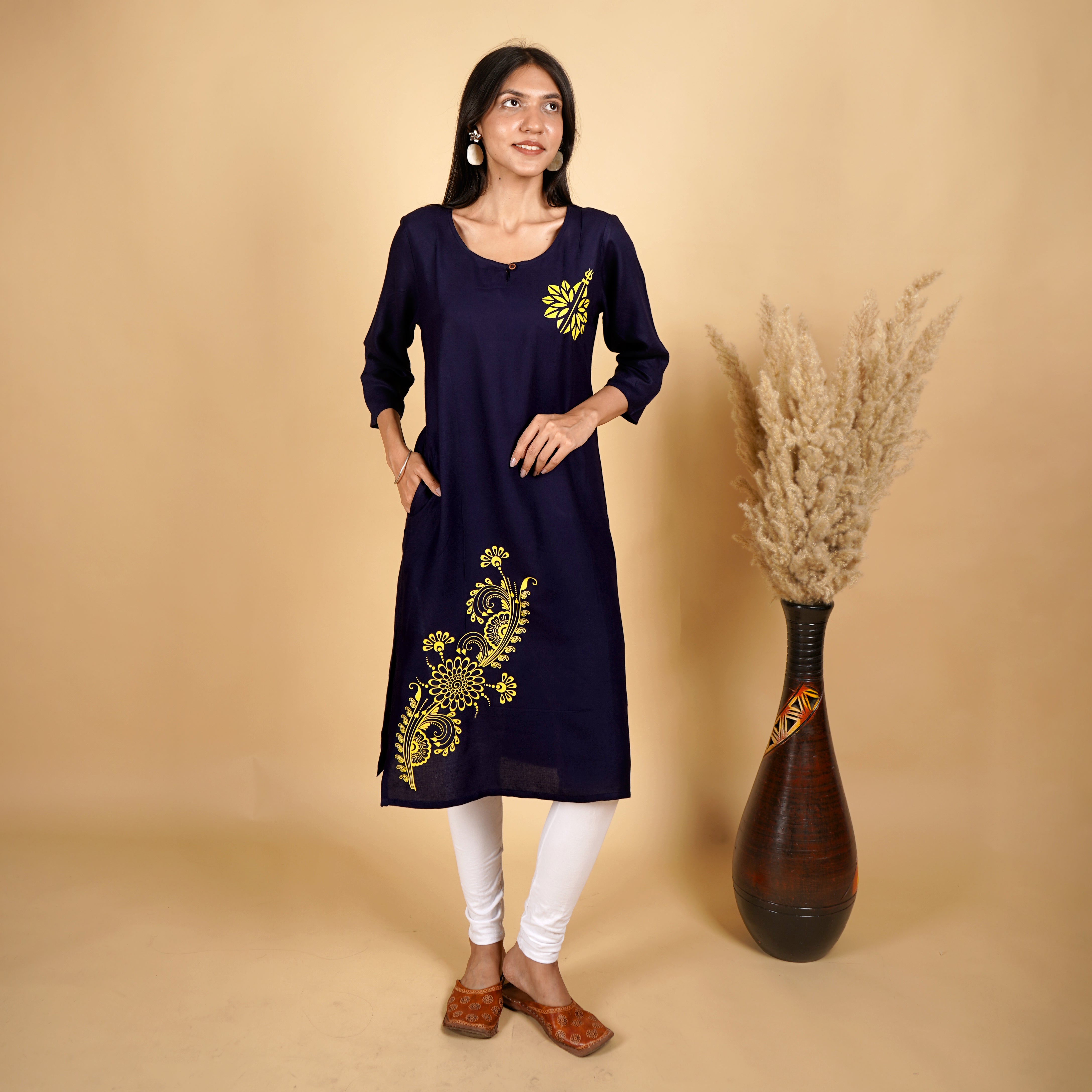Trishul with Floral Art Pattern Long Navy Blue Kurti for Women