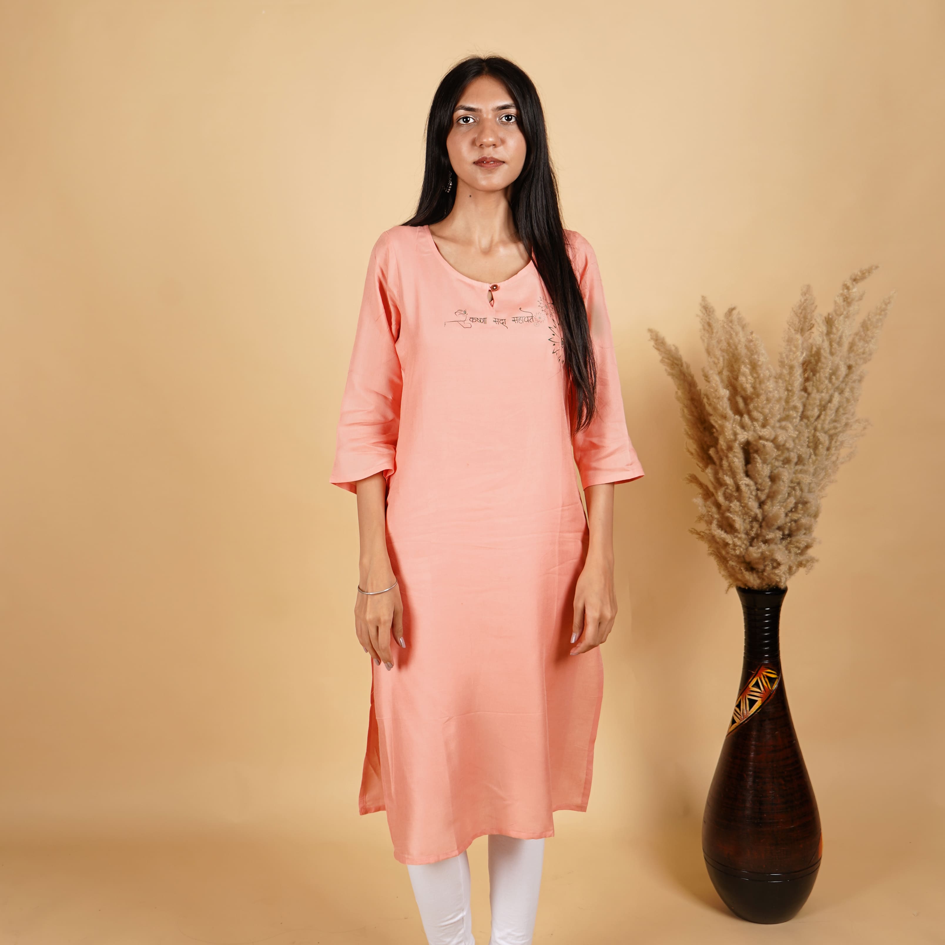 Krishna Sada Sahayte Long Kurti for Women (Peach)