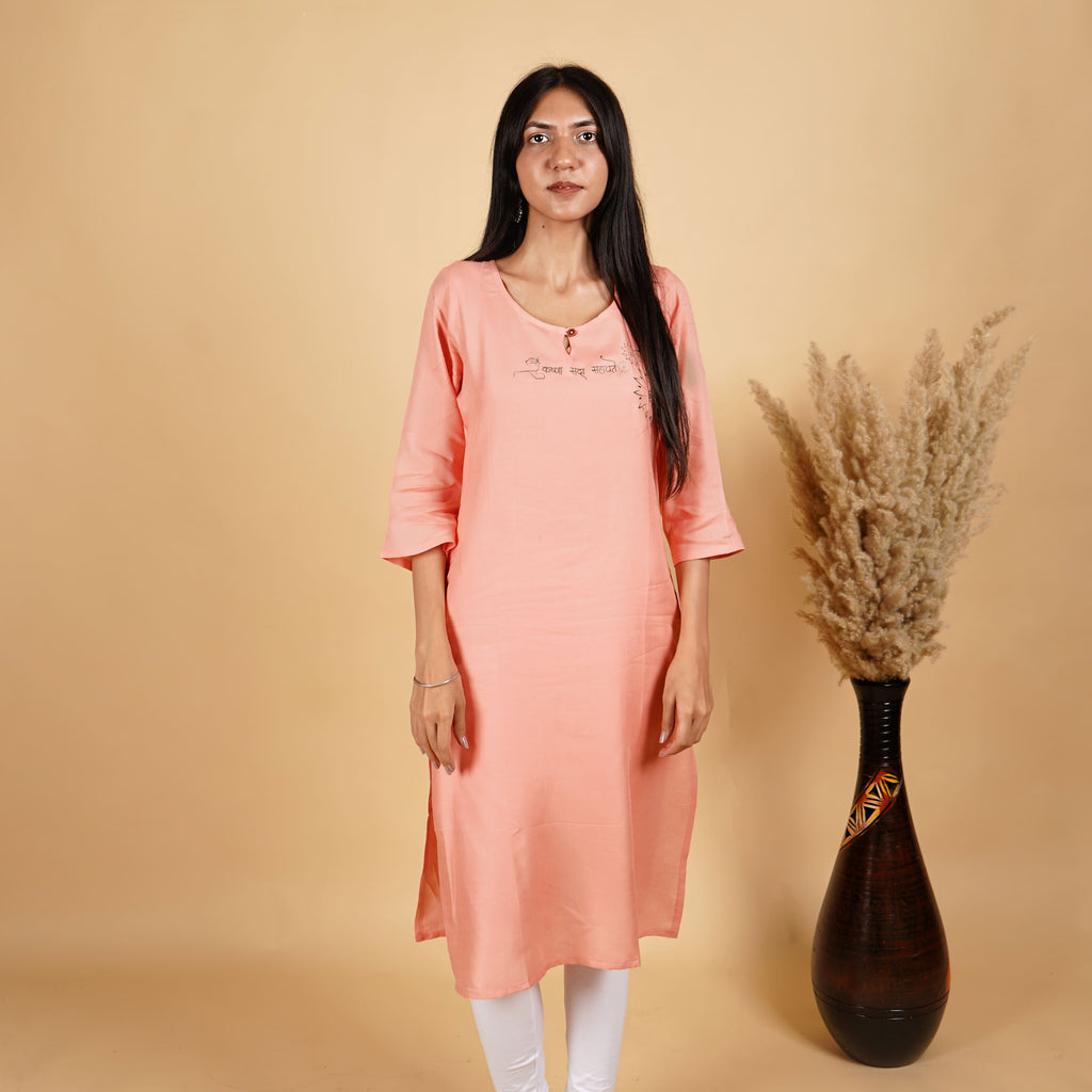 Krishna Sada Sahayte Long Kurti for Women (Peach)
