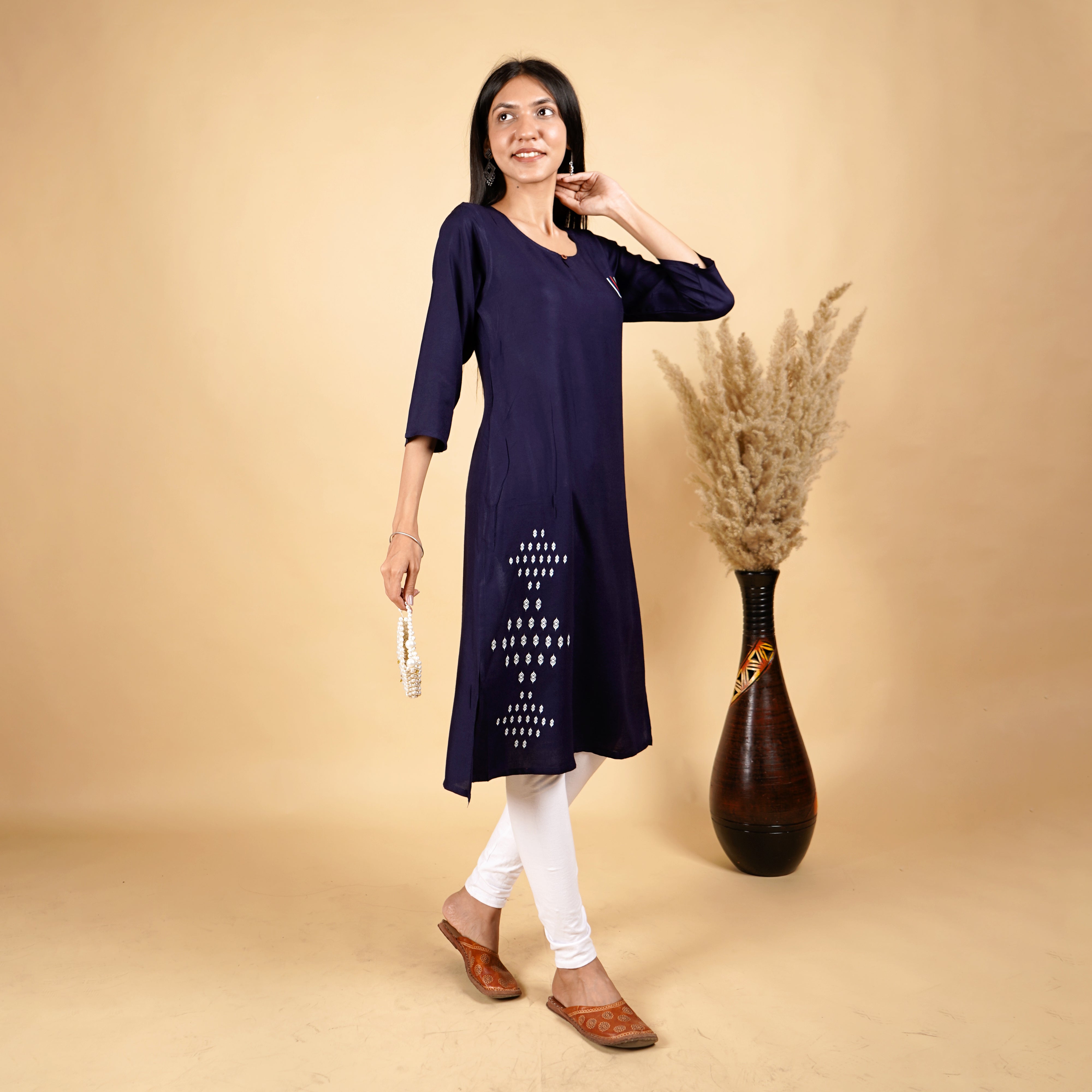 Floral with Tilak Pattern Long Navy Blue Kurti for Womens