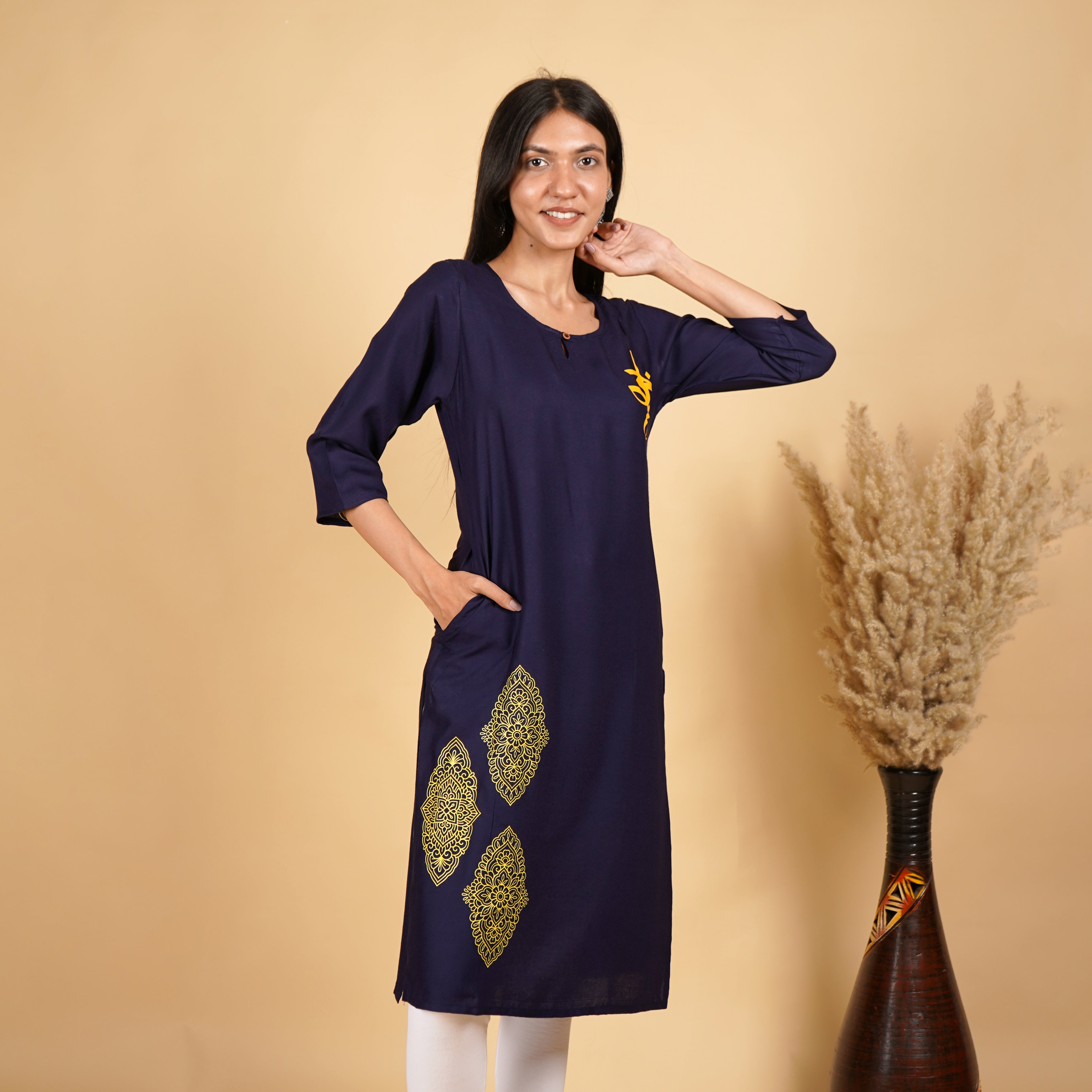Om with Floral Pattern Navy Blue Long Kurti for Women