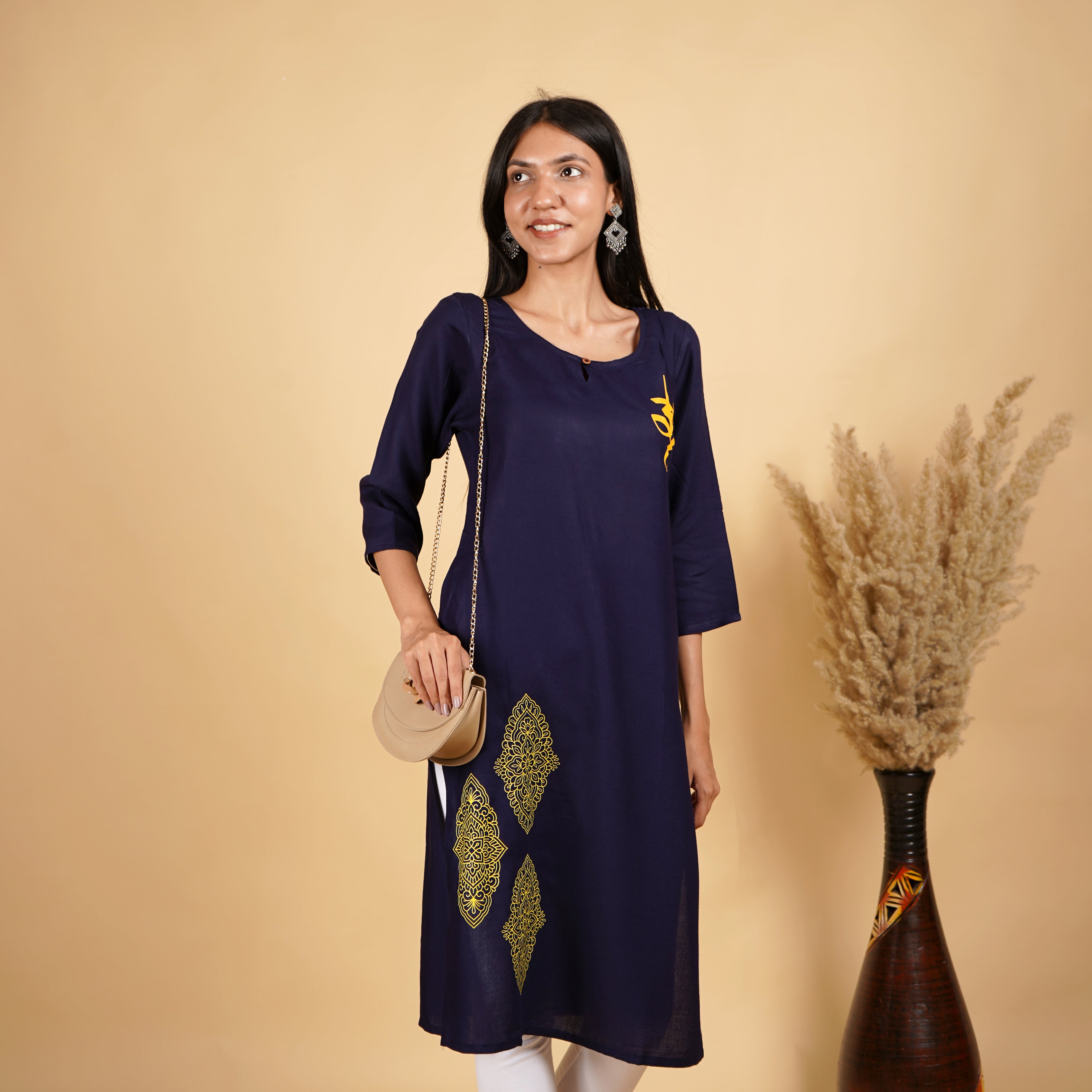 Om with Floral Pattern Navy Blue Long Kurti for Womens