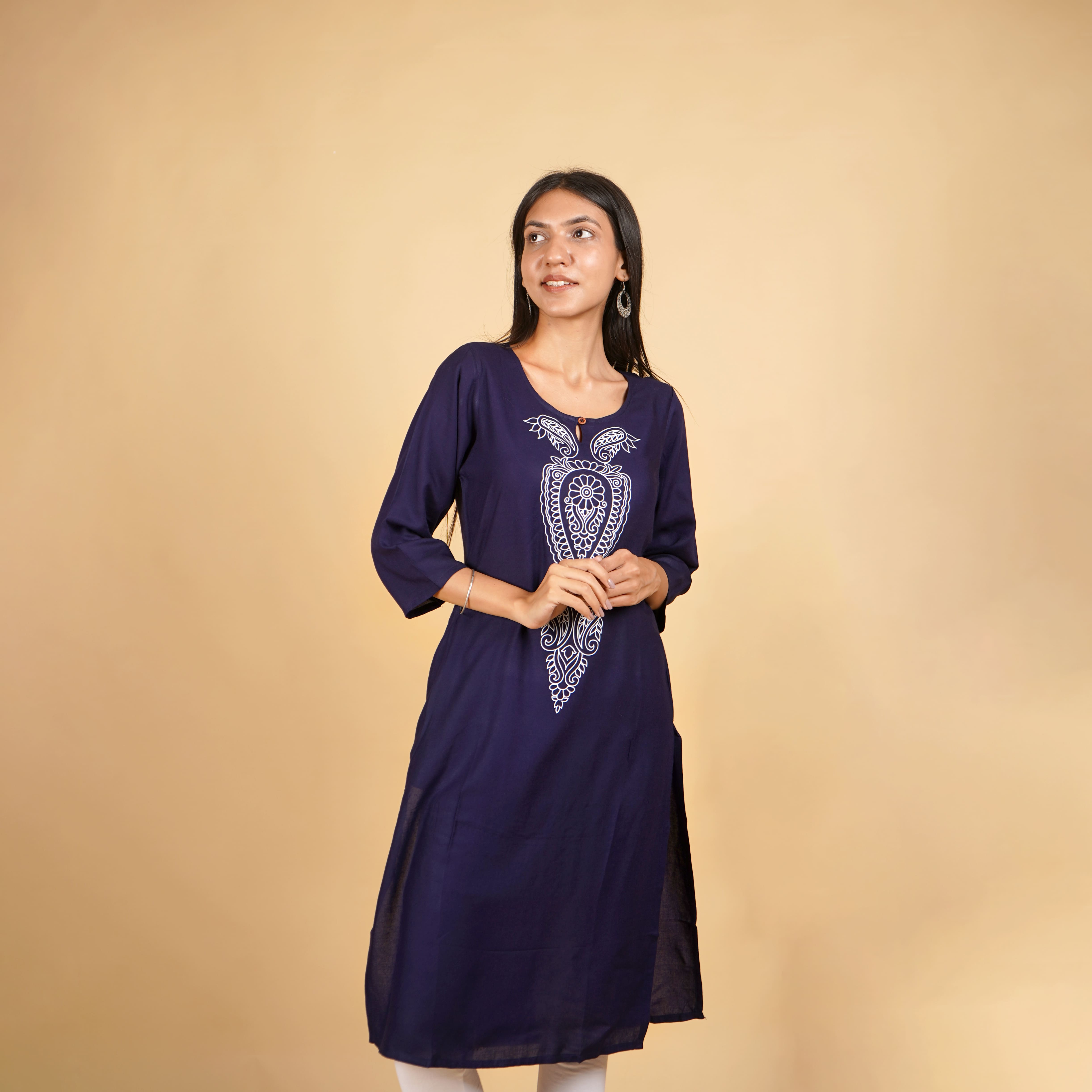 Floral Pattern Long Kurti for Womens (Navy Blue)