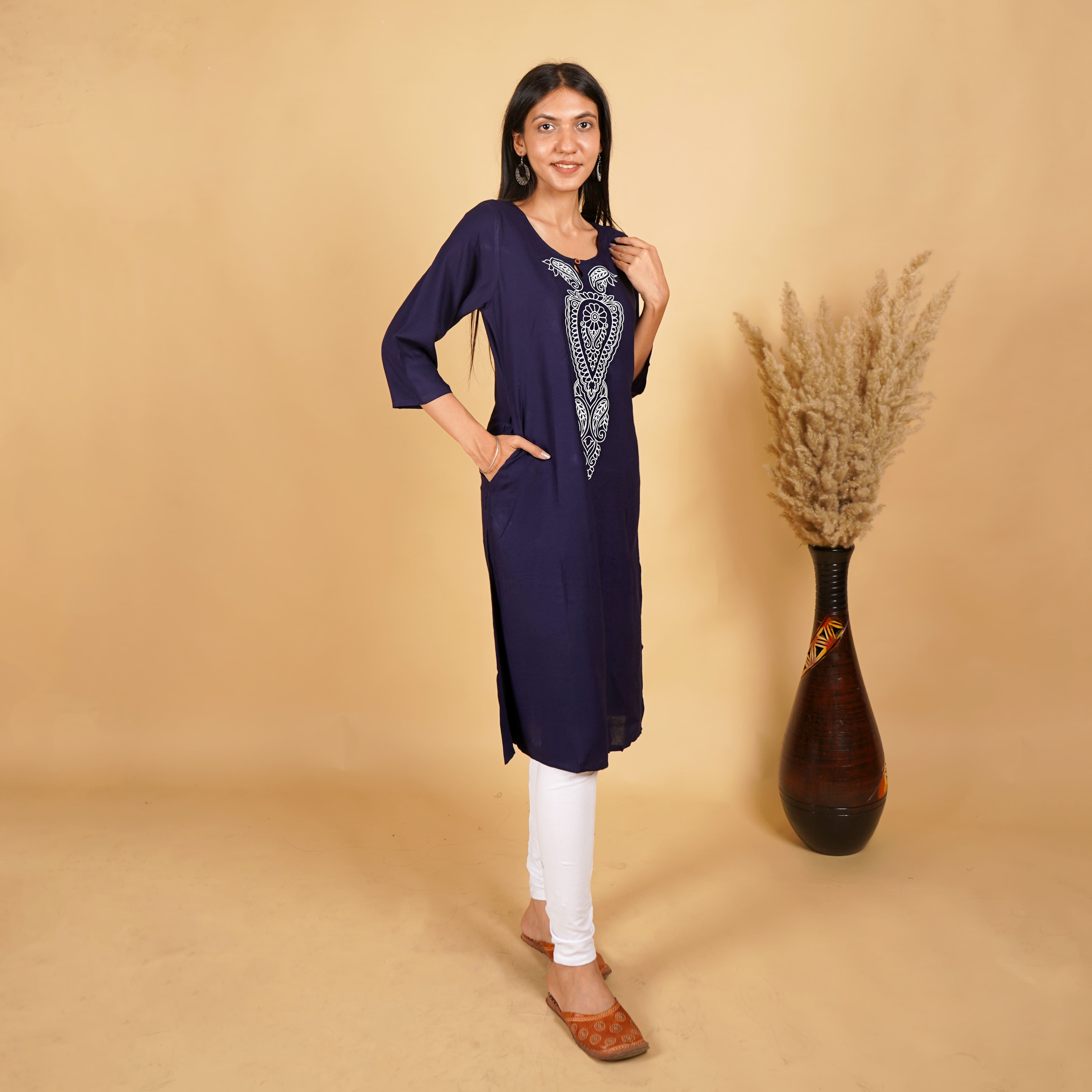 Floral Pattern Long Kurti for Womens (Navy Blue)