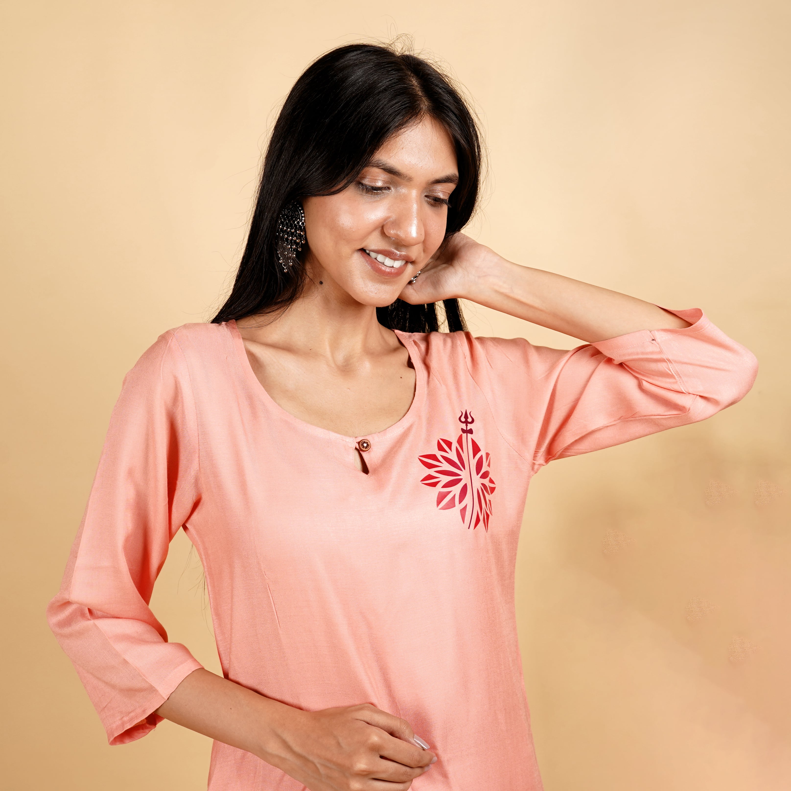 Trishul with Floral Art Pattern Long Peach Kurti for Womens