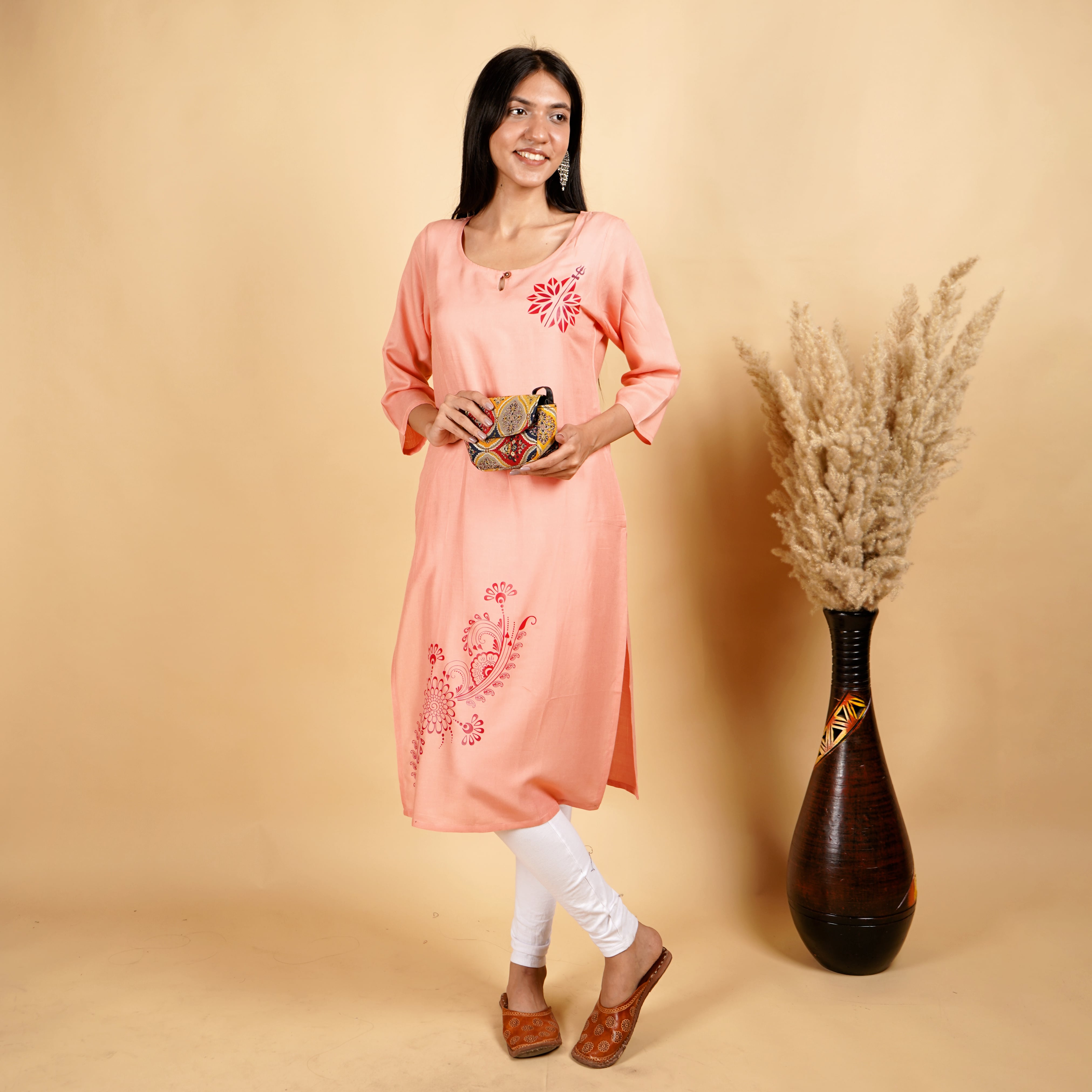 Trishul with Floral Art Pattern Long Peach Kurti for Womens