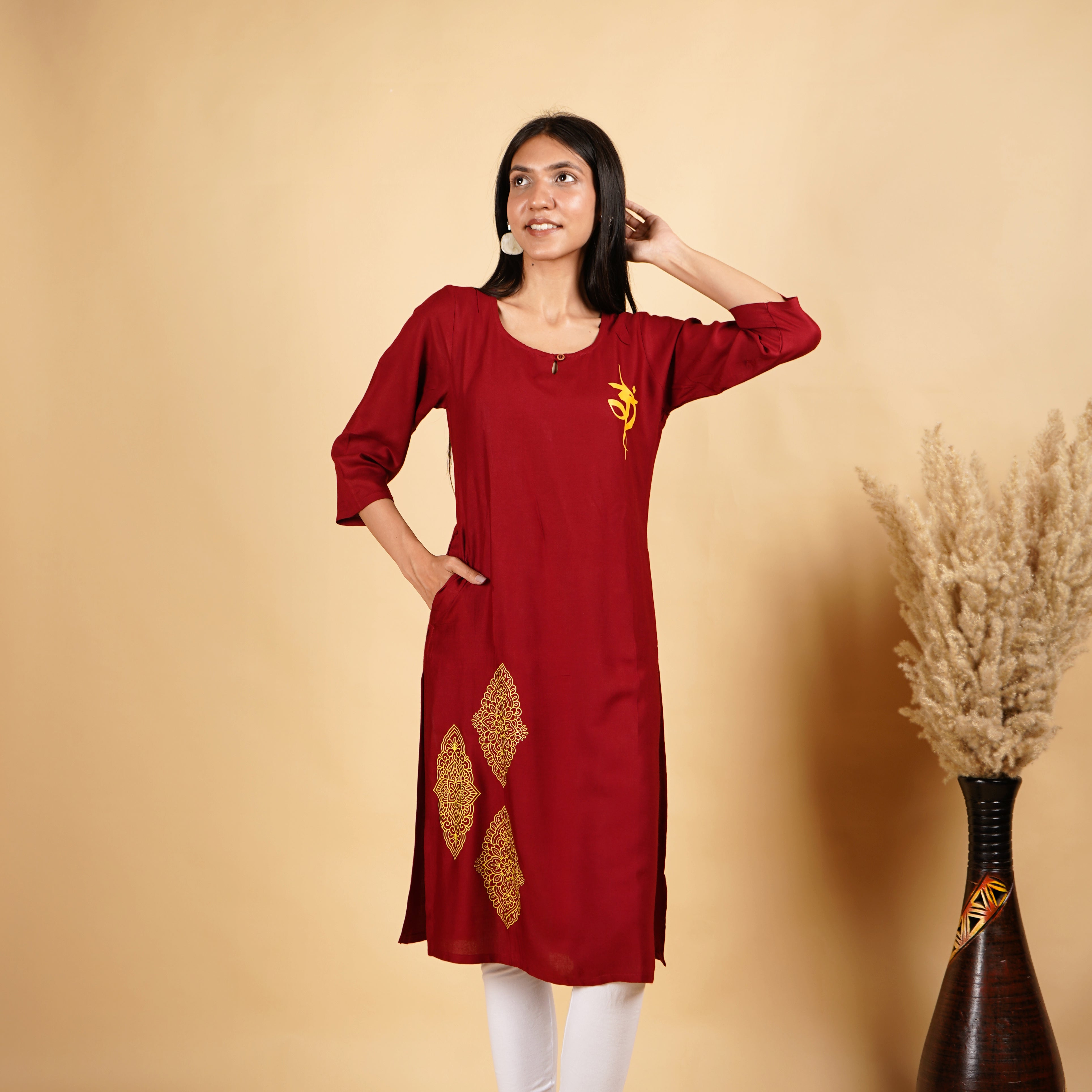 Om with Floral Pattern Maroon Long Kurti for Womens