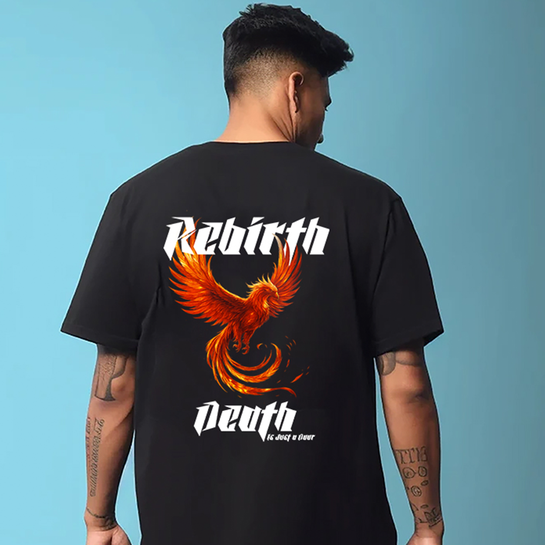 Men’s Black Oversized Rebirth Printed T-Shirt | Bio-Washed Cotton