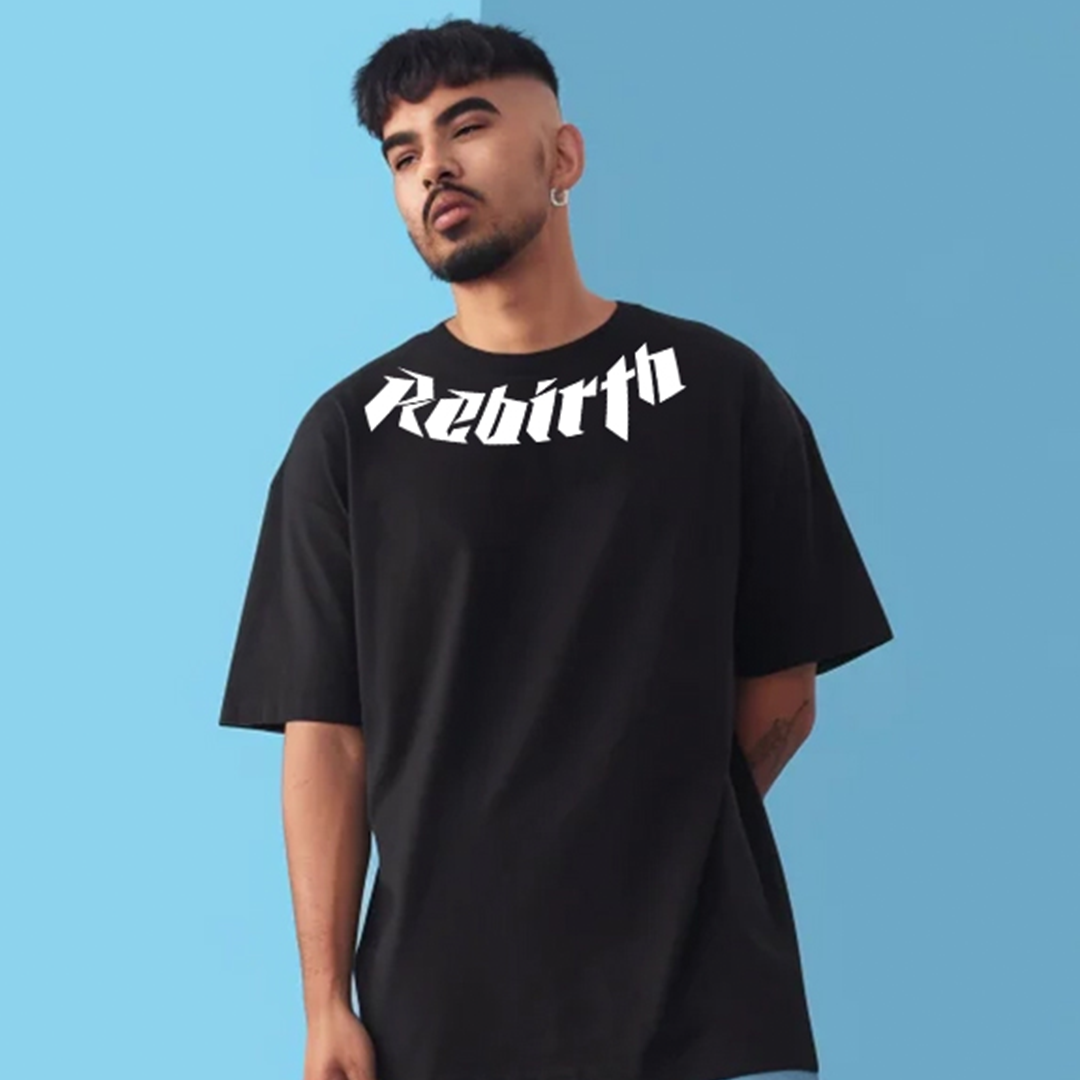 Men’s Black Oversized Rebirth Printed T-Shirt | Bio-Washed Cotton