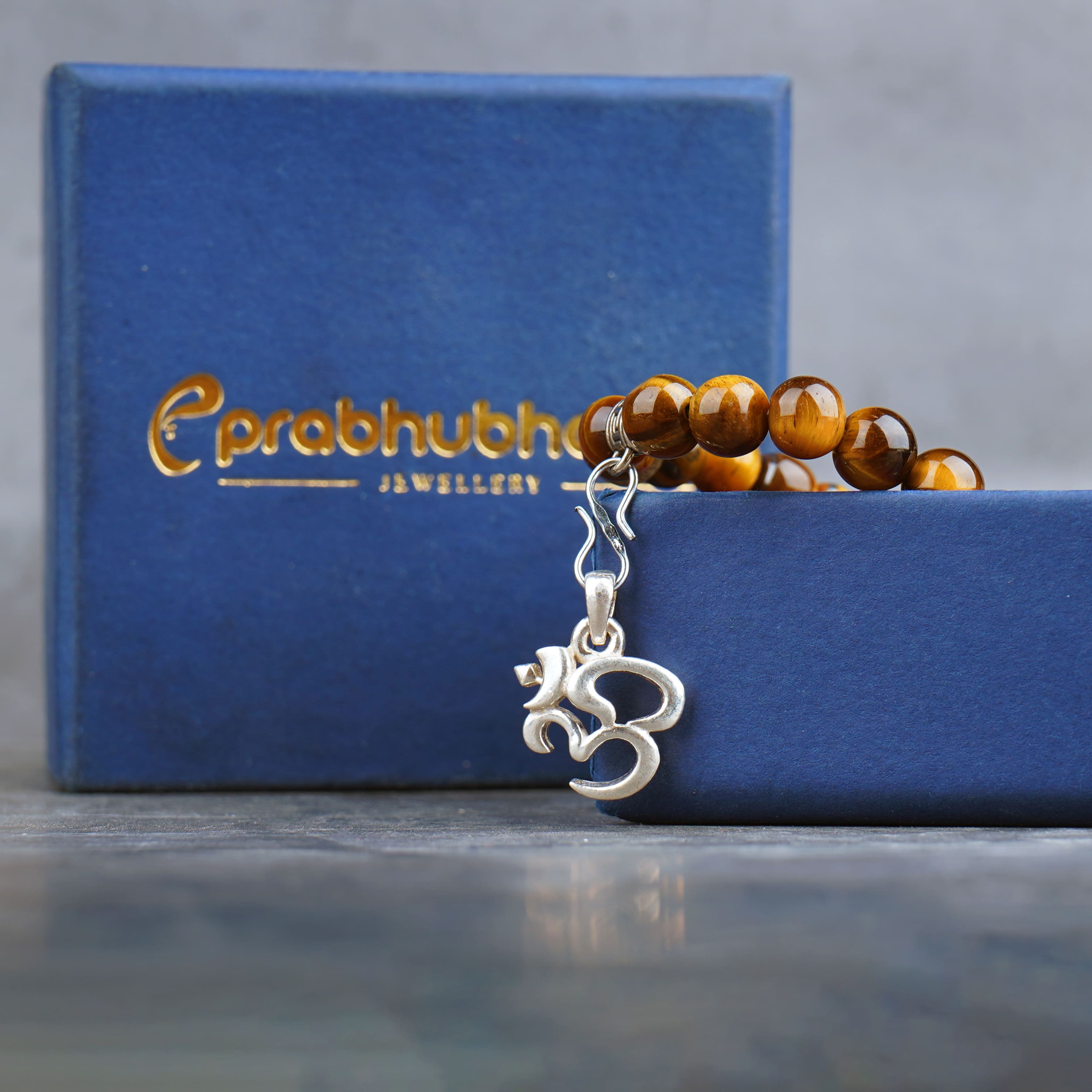 Tiger Ete Gemstone Beads Bracelet with OM Pure Sterling Silver