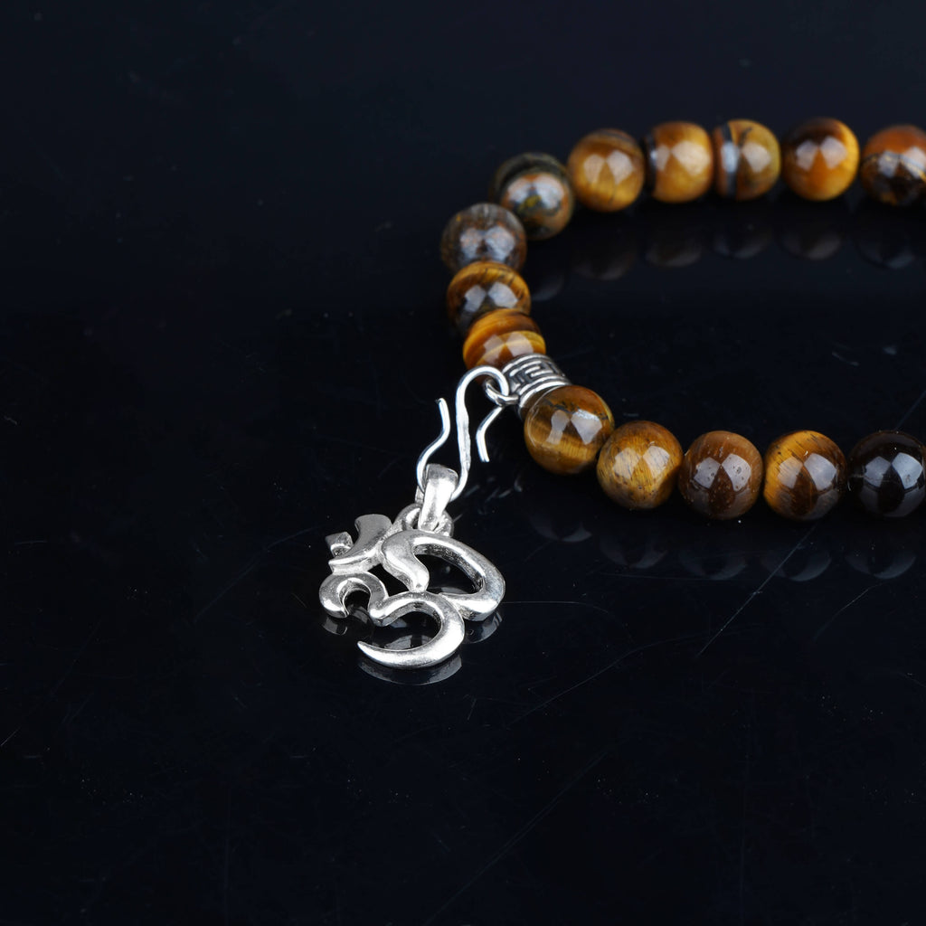 Tiger Ete Gemstone Beads Bracelet with OM Pure Sterling Silver