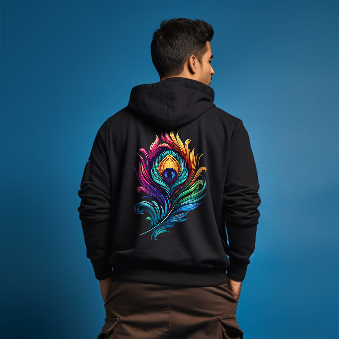 Lord Krishna Morpankh Printed Black Hoodie for Men