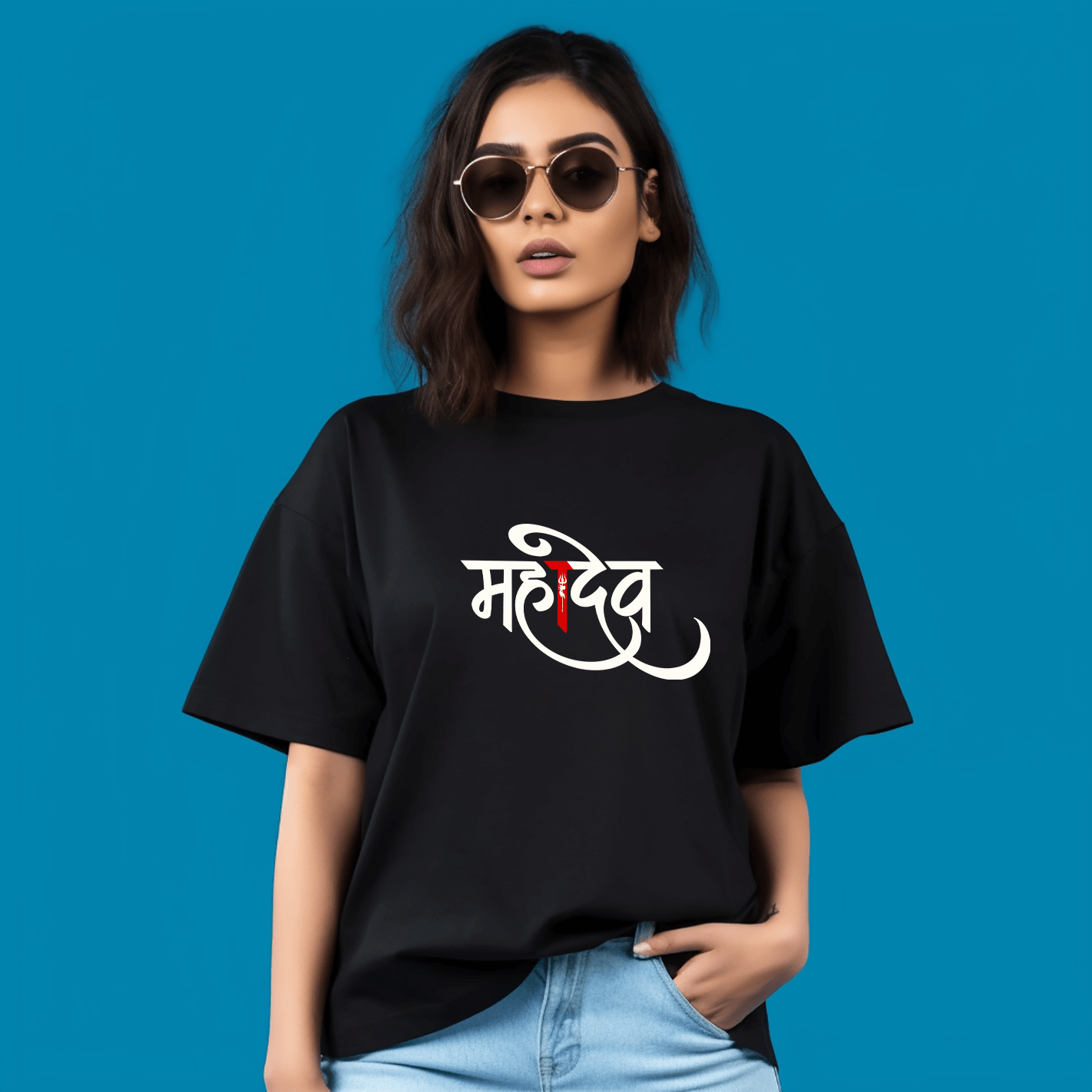 Mahadev Trishul Oversized printed Black Tshirt  For Girls