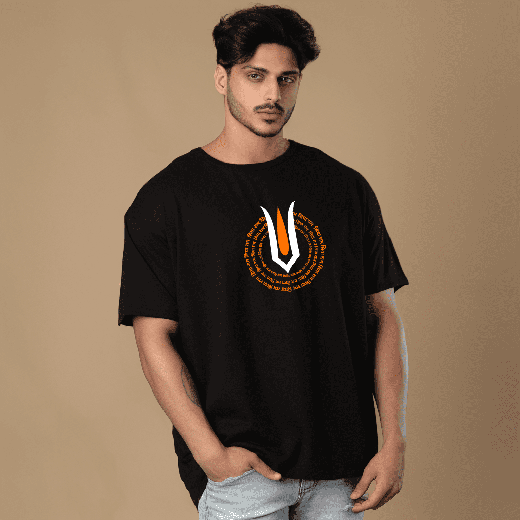 Jai Shree Ram Tilak Printed Black Oversized Tshirt for Men