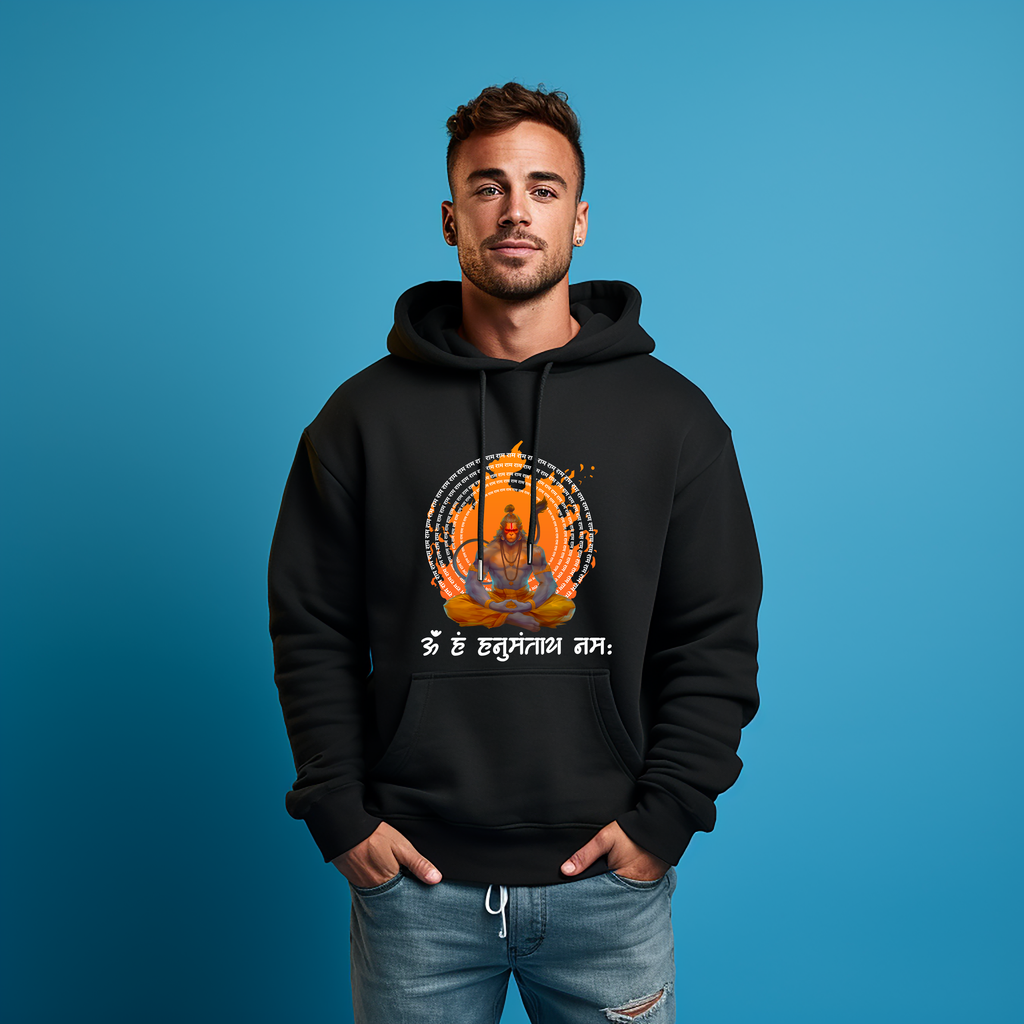 Om Hanuman Ji Black Printed Hoodie for Men