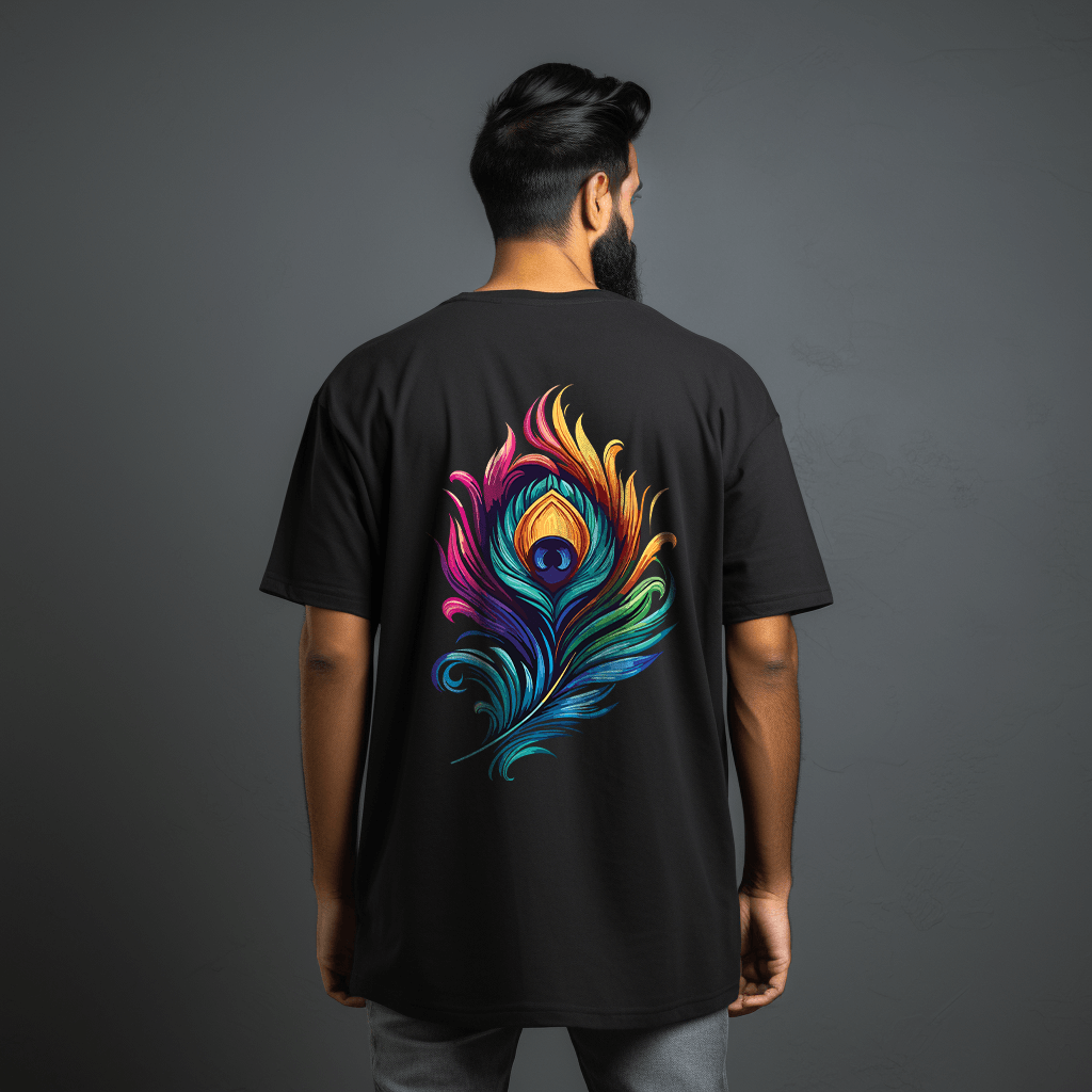 Lord Krishna Morpankh Oversize Printed Black Tshirt Prabhubhakti