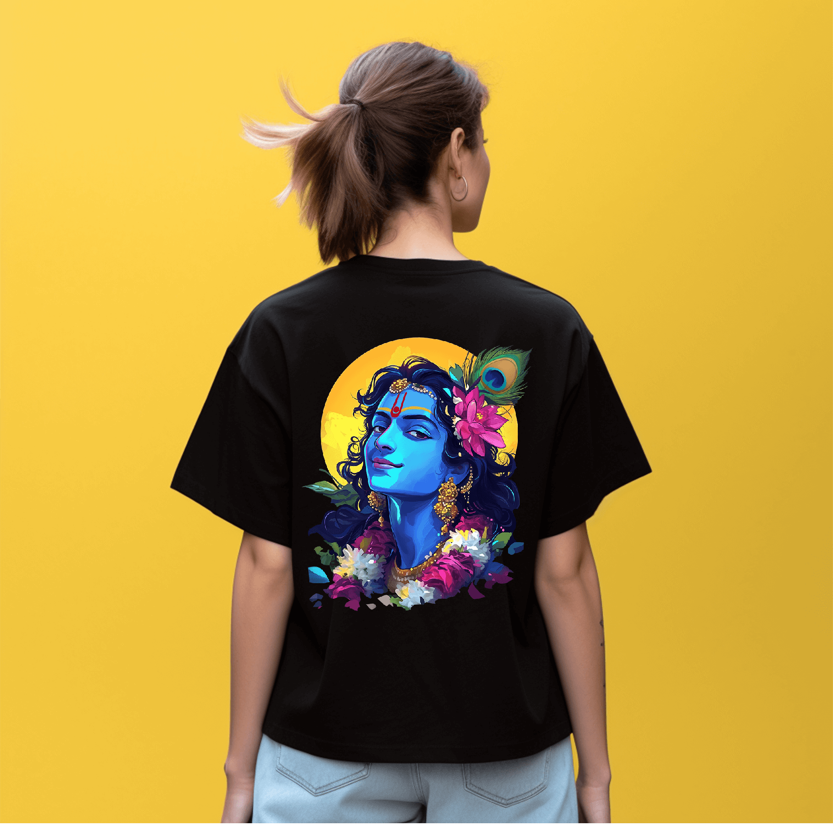 Krishna Vasudevaye Namaha Oversized printed Black Tshirt  For Girls