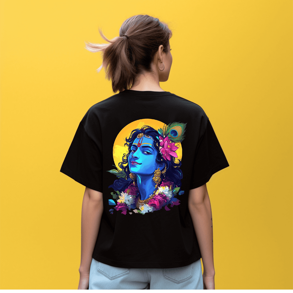 Krishna Vasudevaye Namaha Oversized printed Black Tshirt  For Girls