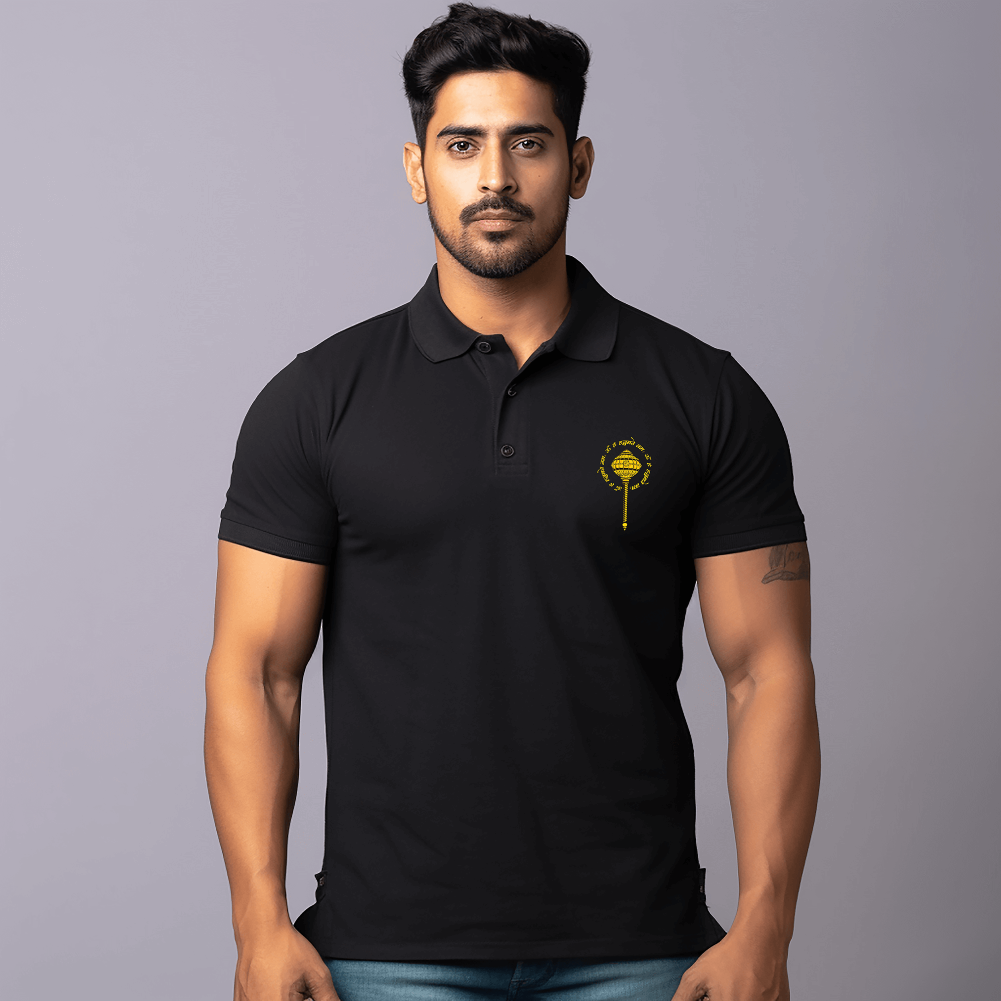 Hanuman Ji Gadda Printed Men Polo Neck T-shirt - Premium Bamboo Cotton