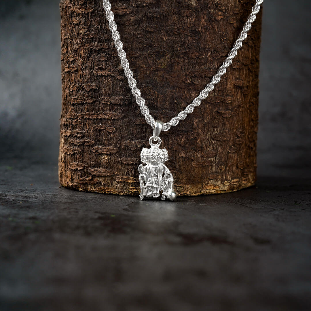 Panchmukhi Hanuman Silver Pendant with Sterling Silver Heavy Chain for Men ( 14-15 gm )