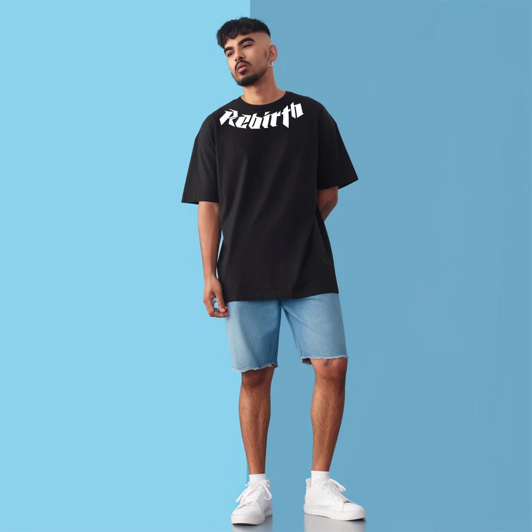 Men’s Black Oversized Rebirth Printed T-Shirt | Bio-Washed Cotton