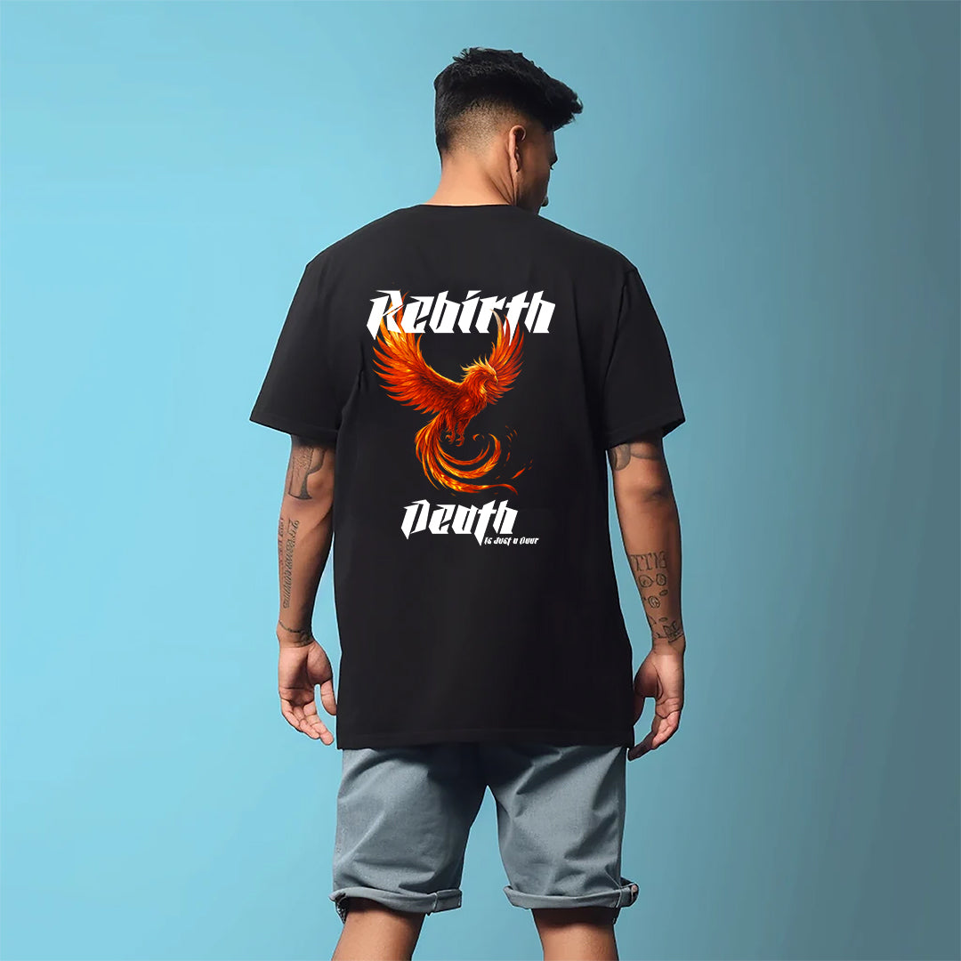Men’s Black Oversized Rebirth Printed T-Shirt | Bio-Washed Cotton