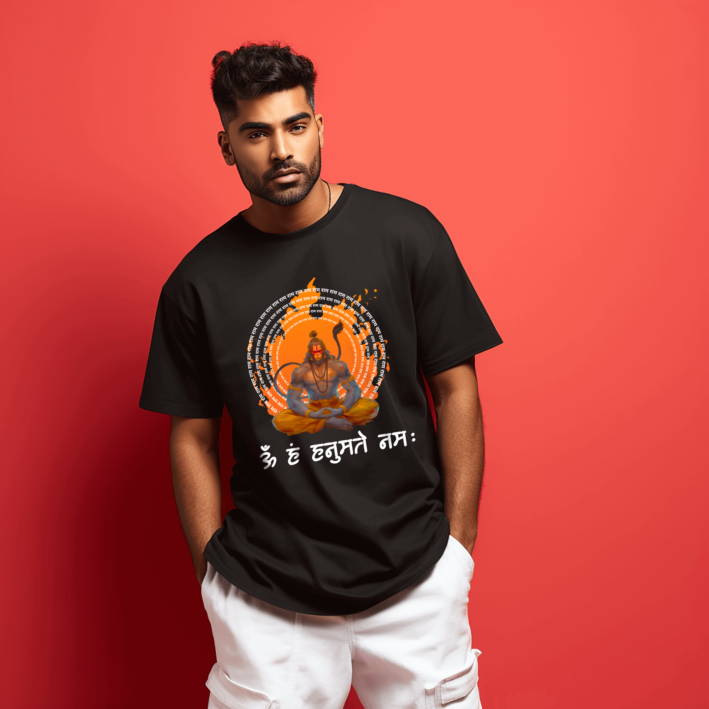 Om Hanuman Ji Black Oversized Printed Tshirt for Men Prabhubhakti