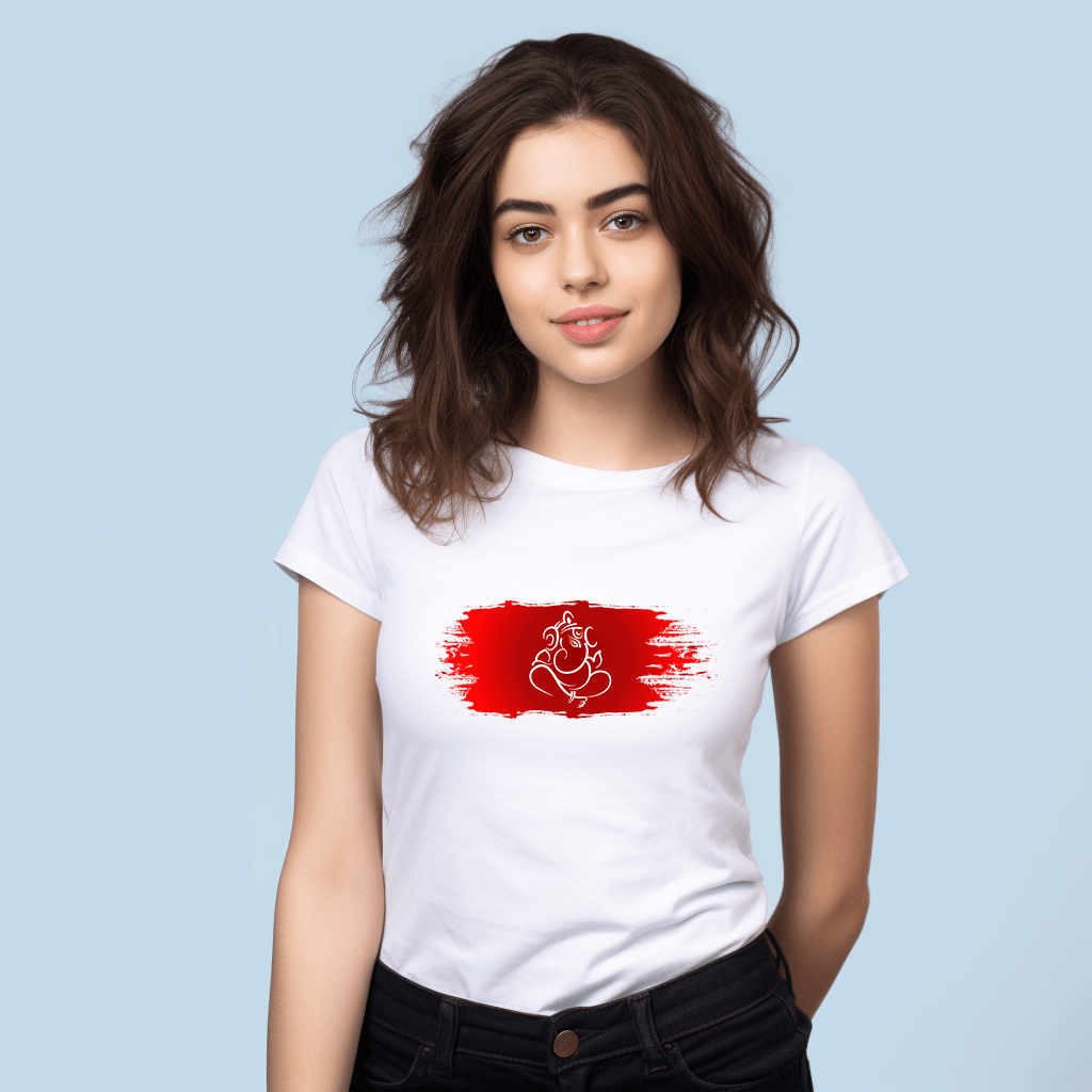 Stylish Ganesha In Red Background Printed T-Shirt For Women