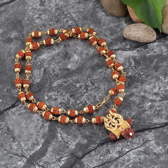 Gold Capped Panchmukhi Rudraksha Mala With Trishul Locket