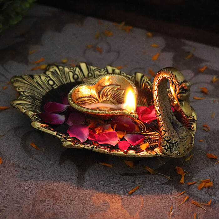 Golden Metal Swan With Diya For Pooja