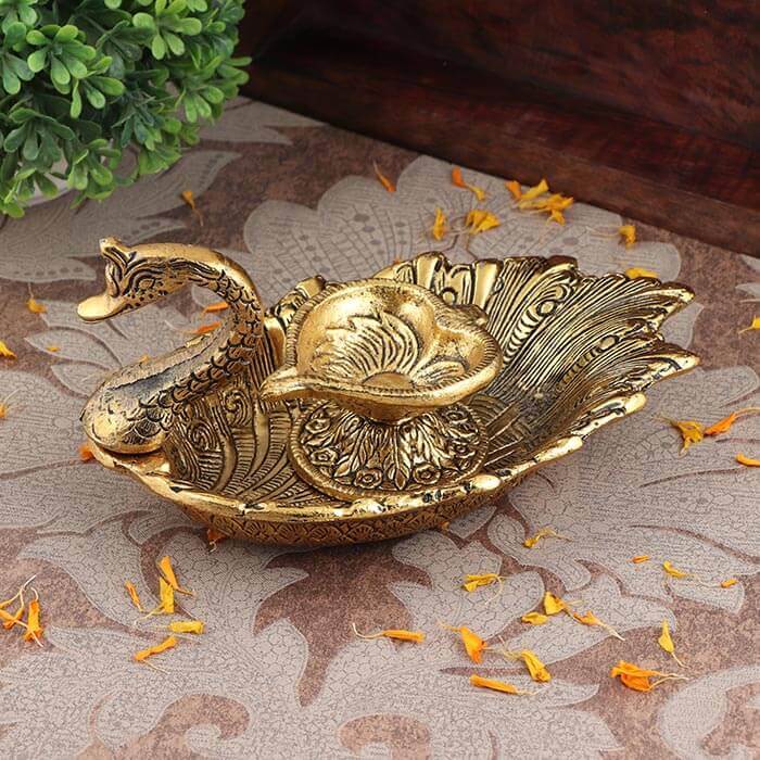 Golden Metal Swan With Diya For Pooja